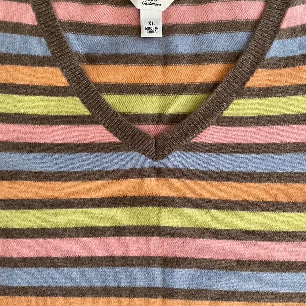 Talbots 100% Cashmere Striped Sweater XL Pastel V-Neck Soft Luxe Preppy - Picture 7 of 9
